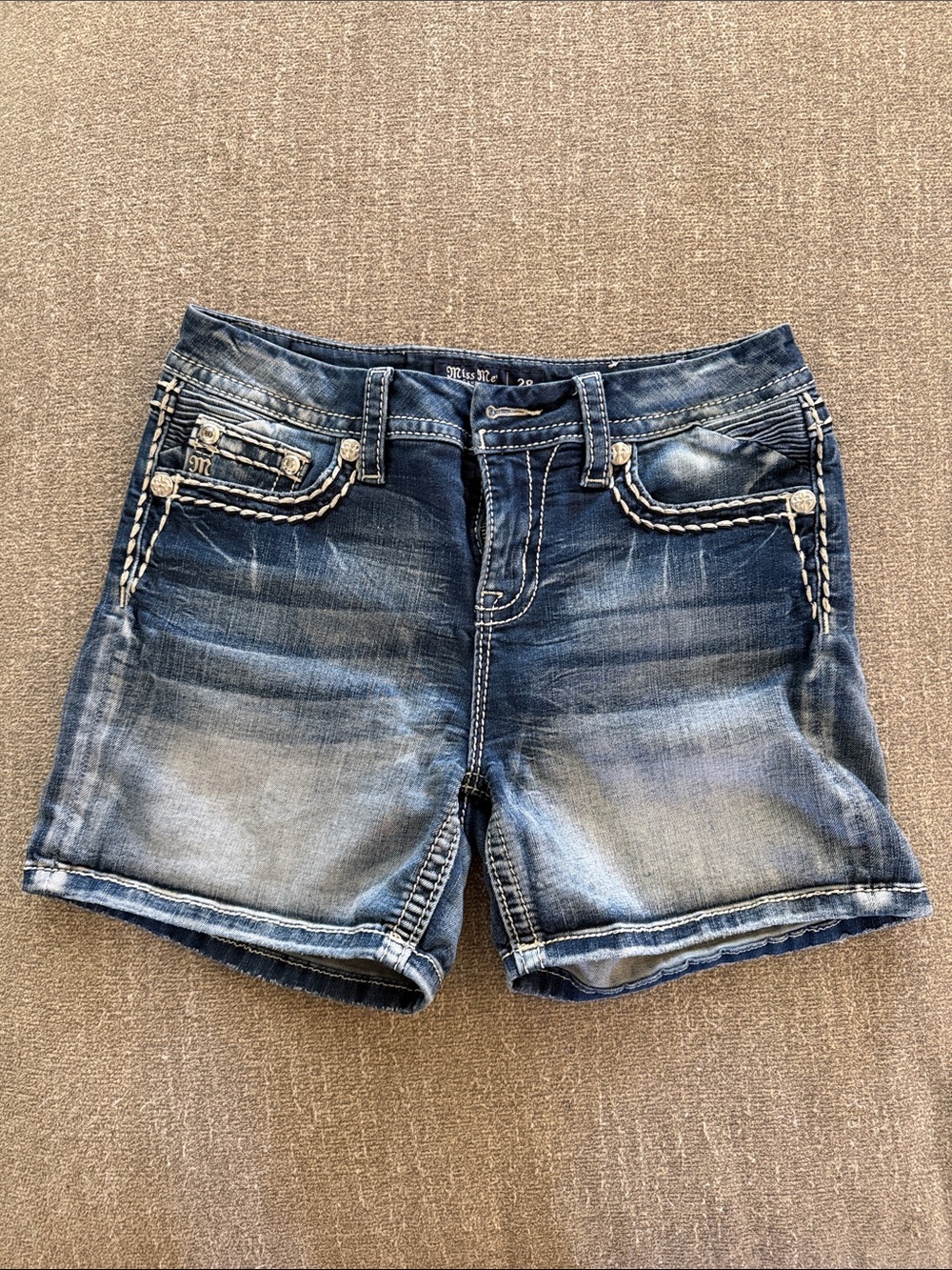 Miss Me Los Angeles Curvy Short Faded Dark Blue Embroidered Denim Shorts
